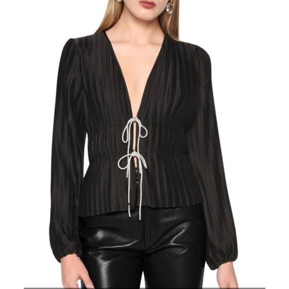 WAYF Payton Tie Front Long Sleeve Blouse Women's Cardigan Rhinestone Black Sz 8 - Picture 1 of 14